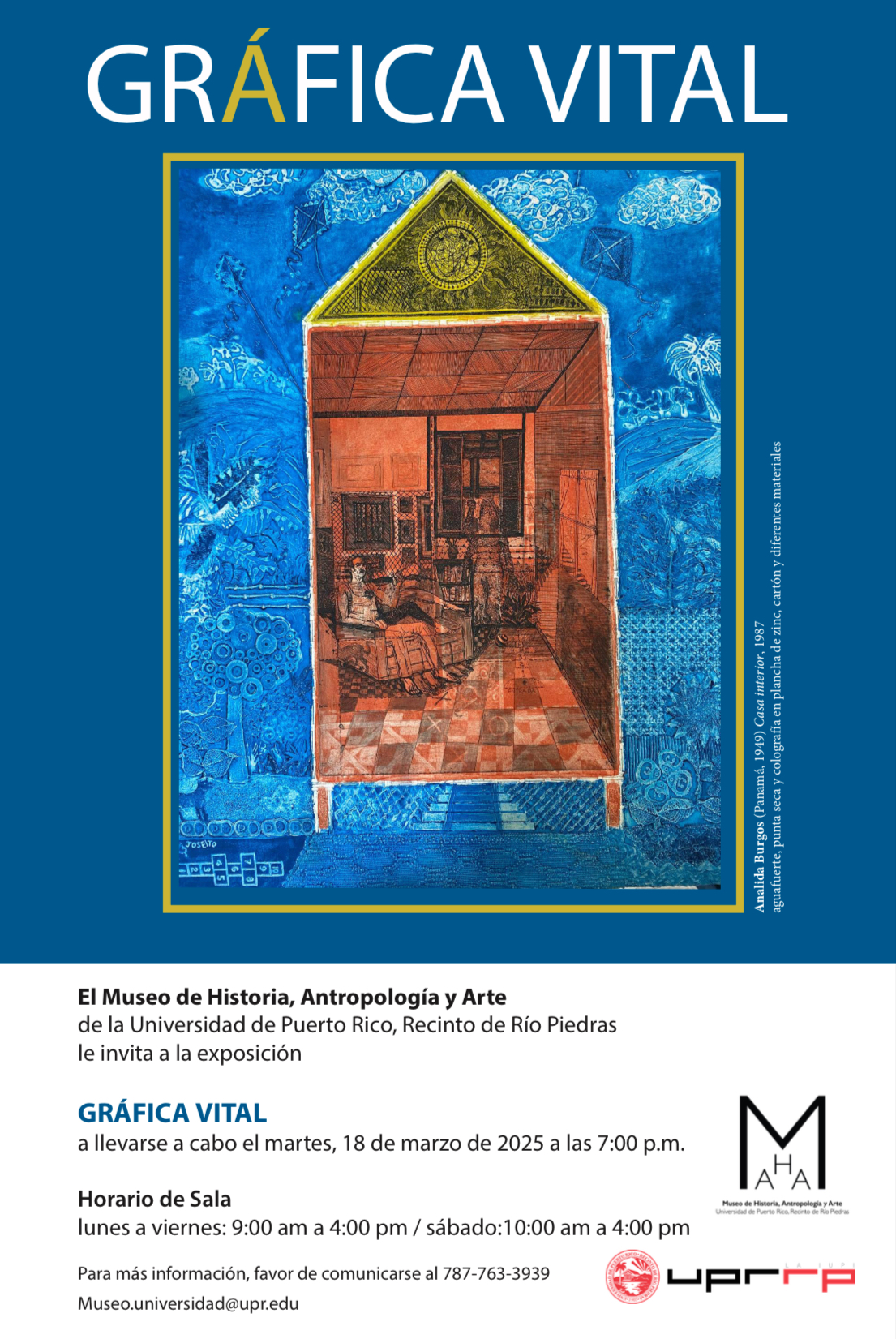 A show card for the Gráfica Vital exhibition with a print of a red house on a blue background.