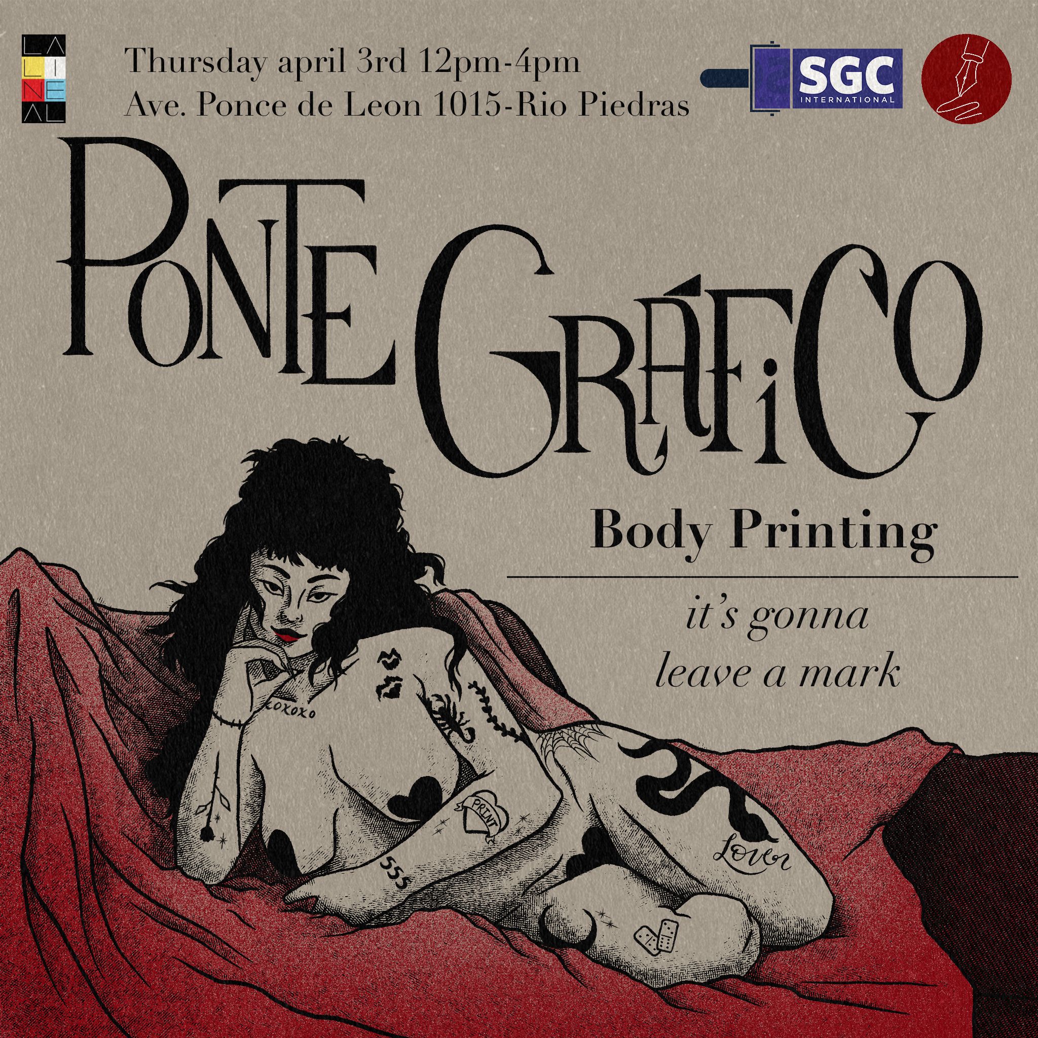 A show card for the Ponte Gráfico exhibition about body printing with a tattooed nude figure reclining at the bottom of the card.